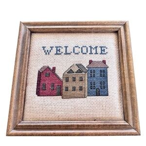 VTG 80’s Hand Crosstitched Neighborhood Welcome Sign Wood Framed 6X6 Square
